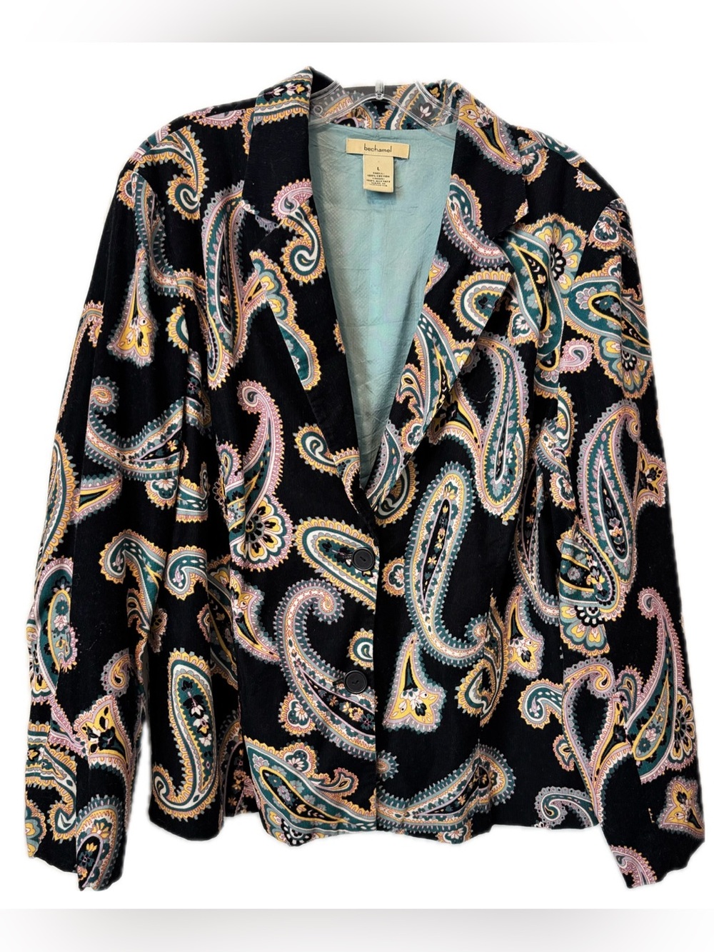 Bechamel Paisley Corduroy Blazer Jacket L Black Teal Cotton Lined Boho Vintage